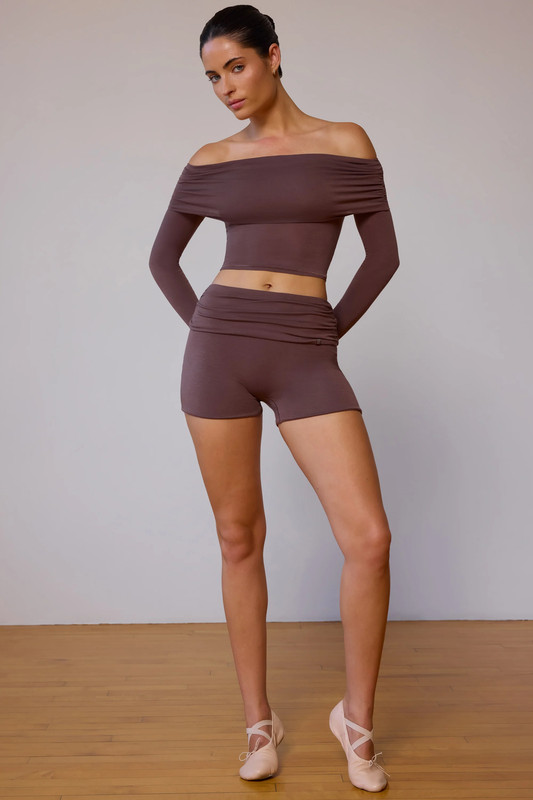 Fold-Over Mini Shorts in Taupe Brown - UK Size:L